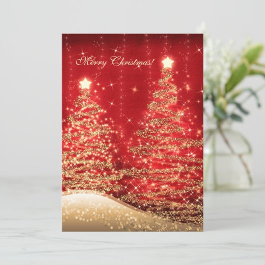 Elegant kerstkaarten Mousserende bomen Rood Feestdagenkaart (Staand voorkant)