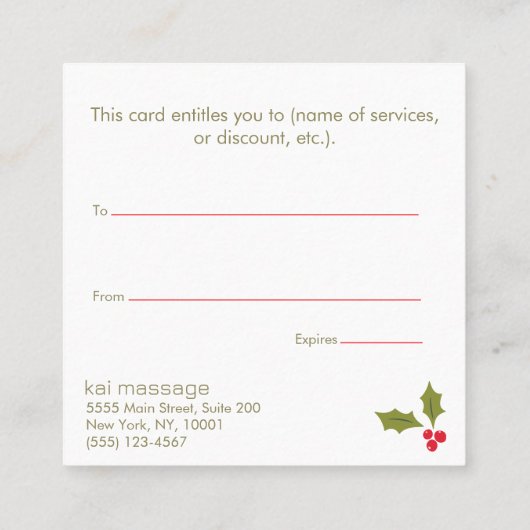 Elegant kerstkrans cadeaubon vierkante visitekaartje (Achterkant)