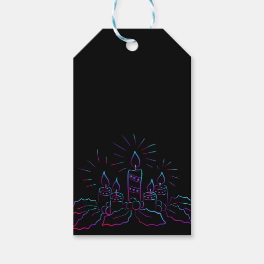 Elegant kerstkreet en kaarsen neon zwart cadeaulabel (Voorkant)