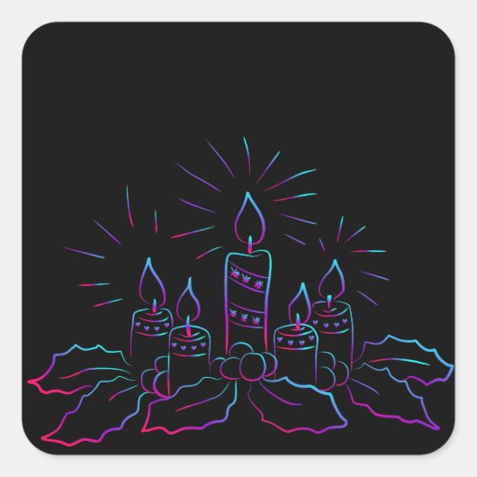 Elegant kerstkreet en kaarsen neon zwart vierkante sticker (Voorkant)