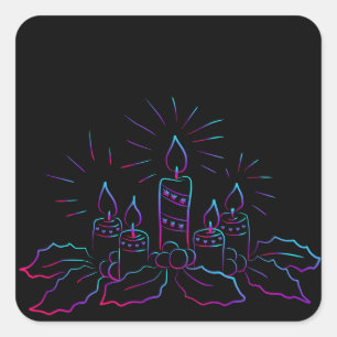 Elegant kerstkreet en kaarsen neon zwart vierkante sticker