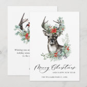 Elegant Kerstmis Deer Poinsettia Greeting Feestdagenkaart (Voorkant / Achterkant)