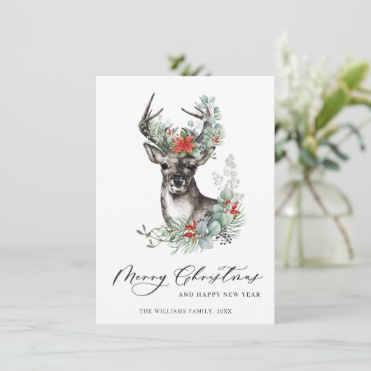 Elegant Kerstmis Deer Poinsettia Greeting Feestdagenkaart (Staand voorkant)