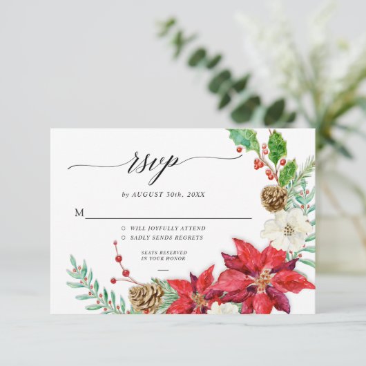 Elegant Kerstmis Floral Burgundy Red Foliage RSVP Kaart (Staand voorkant)