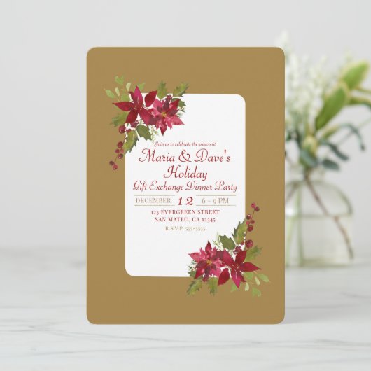 Elegant Kerstmis Floral Poinsettia Holiday Party Kaart (Staand voorkant)