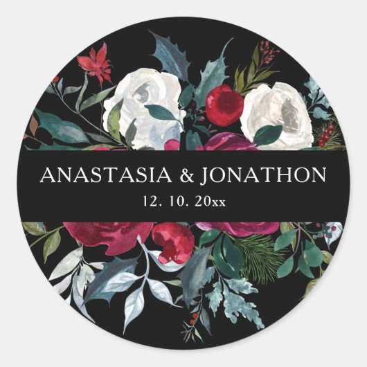 Elegant Kerstmis Floral Roos Holiday Weddenschap Ronde Sticker (Voorkant)