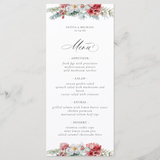 Elegant Kerstmis Floral Winter Wedding Menu (Voorkant)