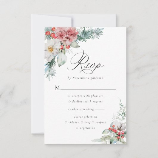 Elegant Kerstmis Floral Winter Wedding RSVP Kaartje (Voorkant)