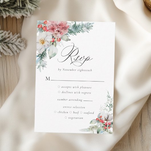 Elegant Kerstmis Floral Winter Wedding RSVP Kaartje