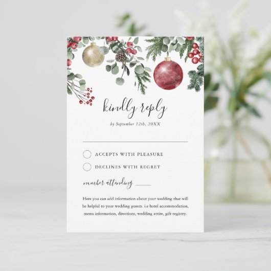 Elegant Kerstmis Floral Winter Wedding RSVP Kaartje (Staand voorkant)
