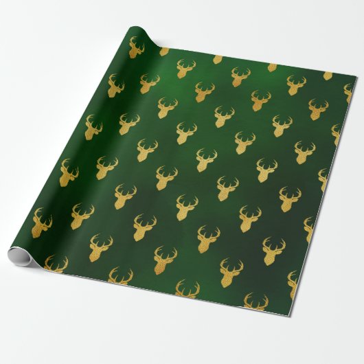 Elegant Kerstmis Gold Green Reindeer Pattern Gift Cadeaupapier (Uitgerold)
