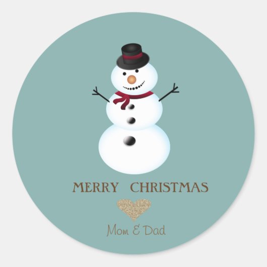 Elegant Kerstmis Gold Heart, Snowman Ronde Sticker (Voorkant)