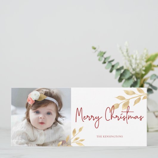 Elegant Kerstmis Gold Leaves Holiday Foto Feestdagenkaart (Staand voorkant)