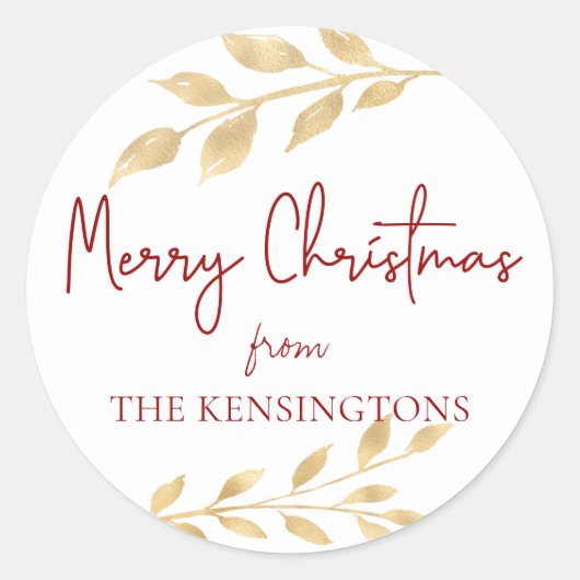 Elegant Kerstmis Gold Leaves Typografie Ronde Sticker (Voorkant)