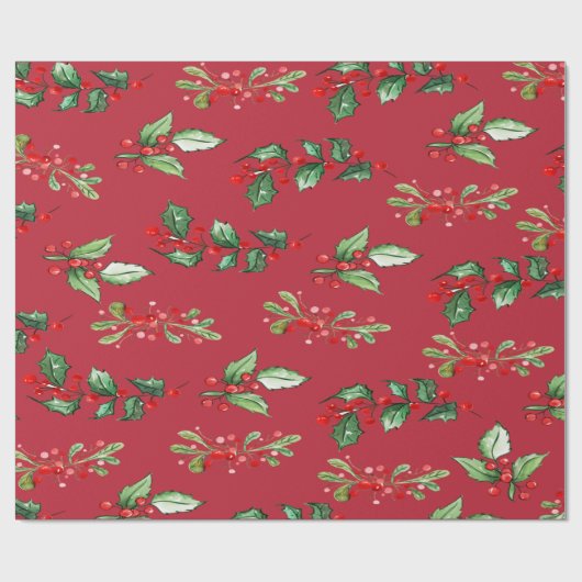 Elegant Kerstmis Holly Berries Holiday Cadeaupapier (Vlak)