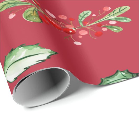 Elegant Kerstmis Holly Berries Holiday Cadeaupapier (Rol Hoek)