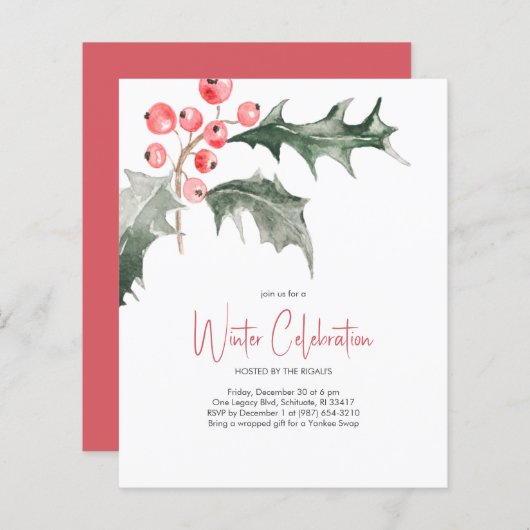 Elegant Kerstmis Holly Budget Invitations (Voorkant / Achterkant)