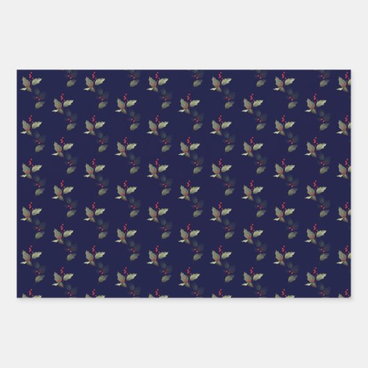 Elegant Kerstmis Holly Gold Green Red Berries Inpakpapier Vel (Voorkant 3)