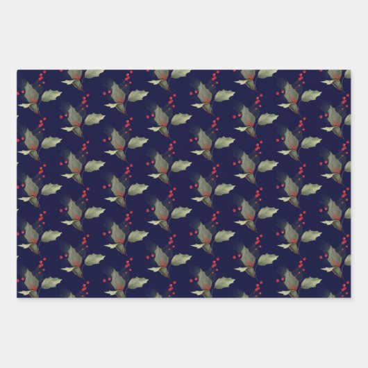 Elegant Kerstmis Holly Gold Green Red Berries Inpakpapier Vel (Voorkant 2)
