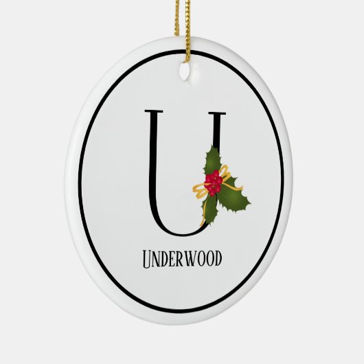 Elegant Kerstmis Holly Monogram Letter U Keramisch Ornament (Rechts)