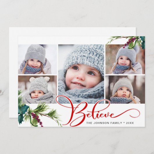 Elegant Kerstmis Holly Pine 5 Foto Holiday Kaart (Voorkant / Achterkant)