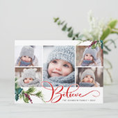 Elegant Kerstmis Holly Pine 5 Foto Holiday Kaart (Staand voorkant)