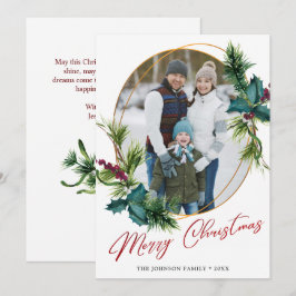 Elegant Kerstmis Holly Pine Photo Holiday Card Feestdagenkaart