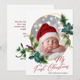 Elegant Kerstmis Holly Pine Photo Holiday Card Feestdagenkaart