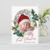 Elegant Kerstmis Holly Pine Photo Holiday Card Feestdagenkaart (Staand voorkant)