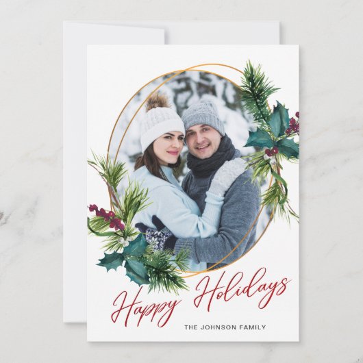 Elegant Kerstmis Holly Pine Photo Holiday Card Feestdagenkaart (Voorkant)