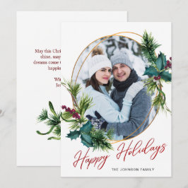 Elegant Kerstmis Holly Pine Photo Holiday Card Feestdagenkaart