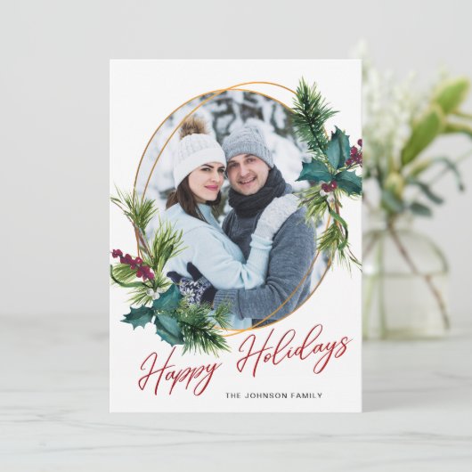 Elegant Kerstmis Holly Pine Photo Holiday Card Feestdagenkaart (Staand voorkant)