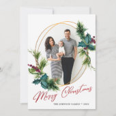 Elegant Kerstmis Holly Pine Photo Holiday Card Feestdagenkaart (Voorkant)