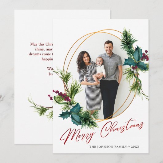 Elegant Kerstmis Holly Pine Photo Holiday Card Feestdagenkaart (Voorkant / Achterkant)