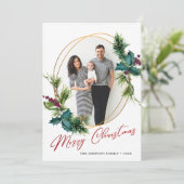 Elegant Kerstmis Holly Pine Photo Holiday Card Feestdagenkaart (Staand voorkant)