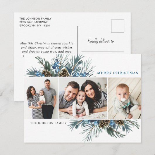 Elegant Kerstmis Pine Cones 3 Fotogroet Briefkaart (Voorkant / Achterkant)