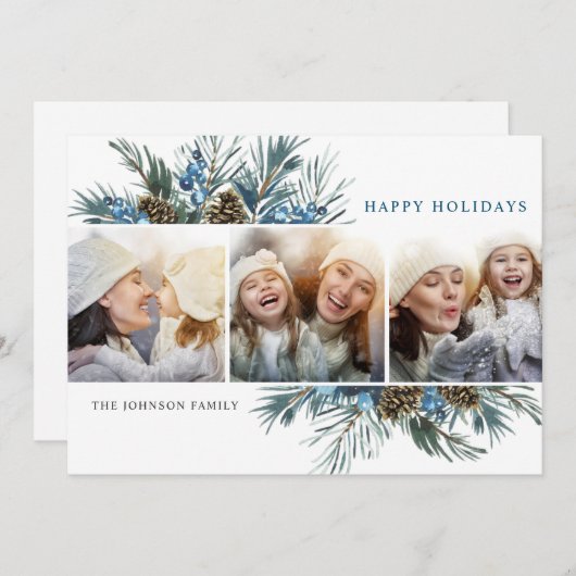 Elegant Kerstmis Pine Cones 3 Fotogroet Feestdagenkaart (Voorkant / Achterkant)
