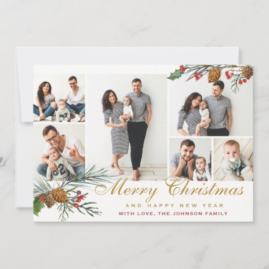 Elegant Kerstmis Pine Cones 6 Fotogroet Feestdagenkaart (Voorkant)