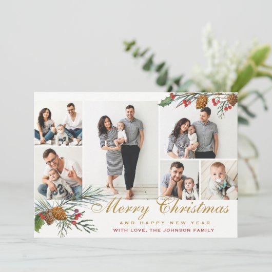 Elegant Kerstmis Pine Cones 6 Fotogroet Feestdagenkaart (Staand voorkant)