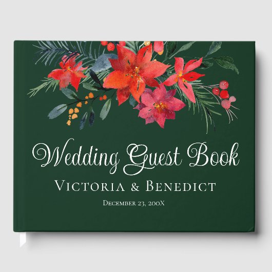 Elegant Kerstmis Poinsettia Floral Green Wedding Gastenboek (Voorkant)