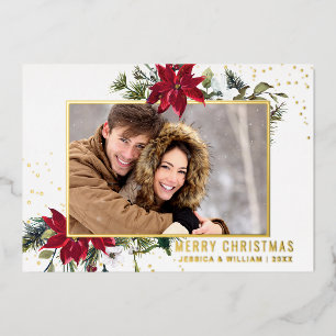 Elegant Kerstmis Poinsettia Foto Gold Folie Feestdagenkaart