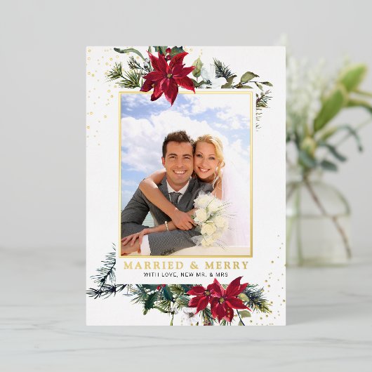 Elegant Kerstmis Poinsettia Foto Gold Folie Feestdagenkaart (Staand Voorkant)