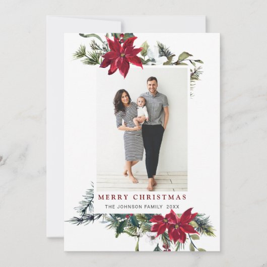 Elegant Kerstmis Poinsettia Foto Holiday Kaart (Voorkant)