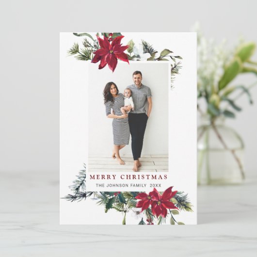 Elegant Kerstmis Poinsettia Foto Holiday Kaart (Staand voorkant)