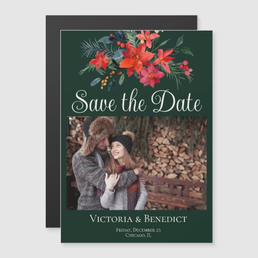 Elegant Kerstmis Poinsettia Foto slaat de datum op Magnetische Uitnodiging (Voorkant / Achterkant)