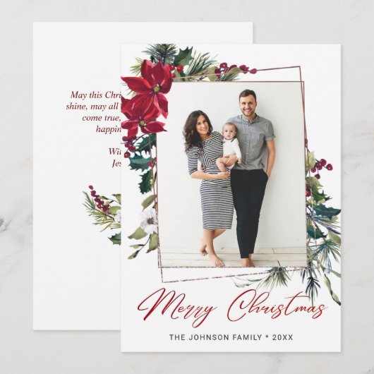 Elegant Kerstmis Poinsettia Fotogroet Feestdagenkaart (Voorkant / Achterkant)