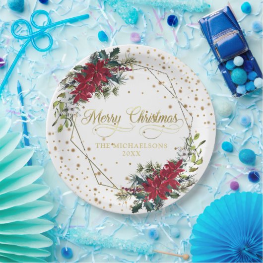Elegant Kerstmis Poinsettia Gold Confetti Papieren Bordje (Feest)