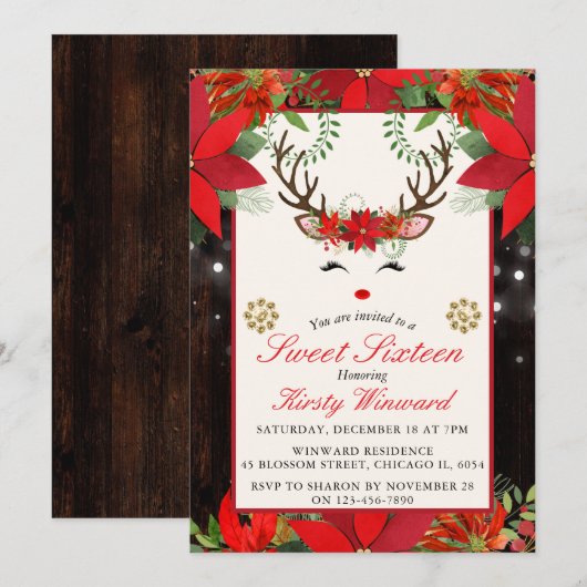 Elegant Kerstmis Poinsettia Reindeer Sweet 16 Kaart (Voorkant / Achterkant)