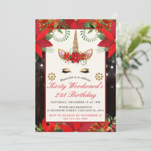 Elegant Kerstmis Poinsettia Unicorn Birthday Part Kaart (Staand voorkant)