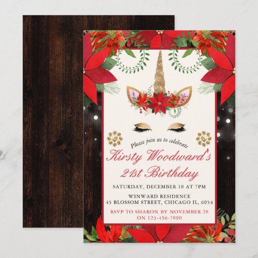 Elegant Kerstmis Poinsettia Unicorn Birthday Part Kaart (Voorkant / Achterkant)